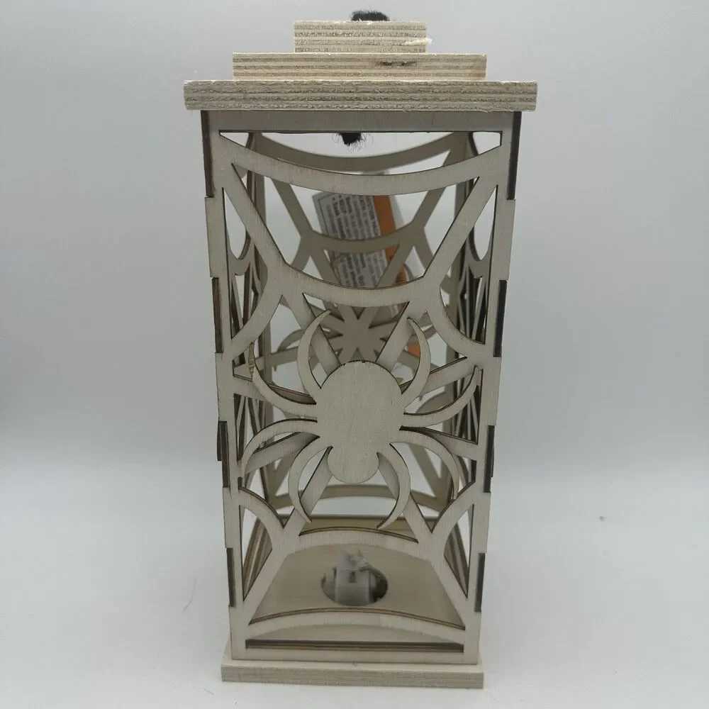 2PC Halloween Wooden Spider Lantern LED Light Up Centerpiece Decoration